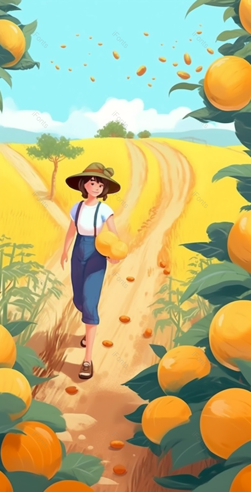 橙子果园手拿橙子女孩插画背景,插画/手绘图,插画/手绘图库,插画/手绘图下载,插画/手绘